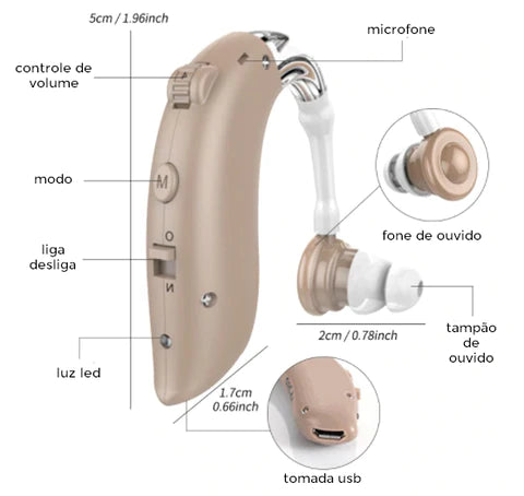 Aparelho Auditivo Amplificador Audição, Bateria Recarregável